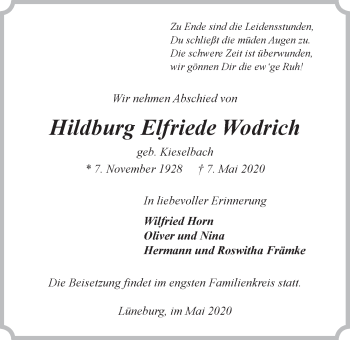 Anzeige von Hildburg Elfriede Wodrich von LZ