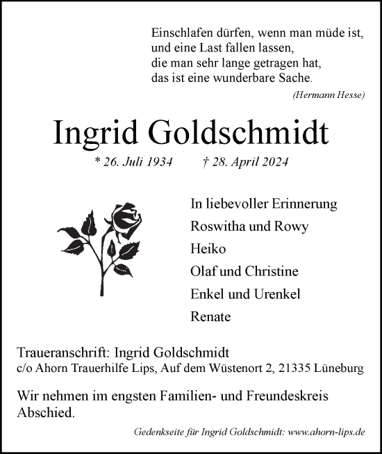 Anzeige von Ingrid Goldschmidt von LZ