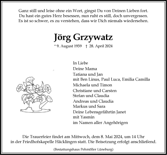 Anzeige von Jörg Grzywatz von LZ