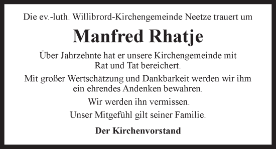 Anzeige von Manfred Rhatje von LZ